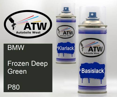 BMW, Frozen Deep Green, P80: 400ml Sprühdose + 400ml Klarlack - Set, von ATW Autoteile West.